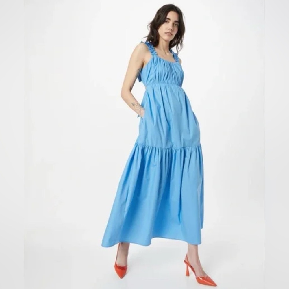 Abercrombie & Fitch Tiered Bow Back Ruffle Poplin Maxi Dress Coastal Blue Small